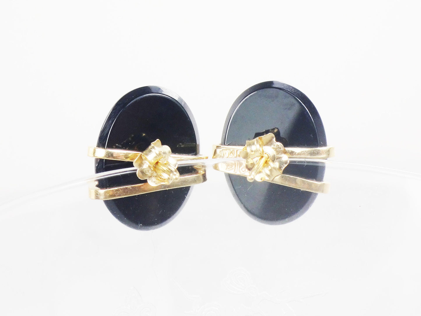 Vintage 14k Yellow Gold Black Onyx Stud Earrings Oval Studs with Post Backs