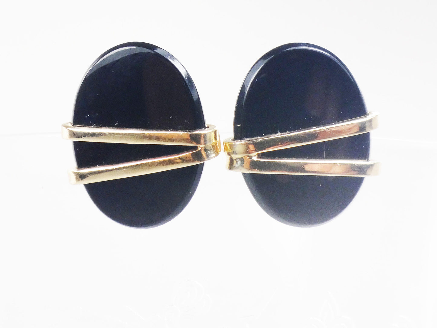 Vintage 14k Yellow Gold Black Onyx Stud Earrings Oval Studs with Post Backs