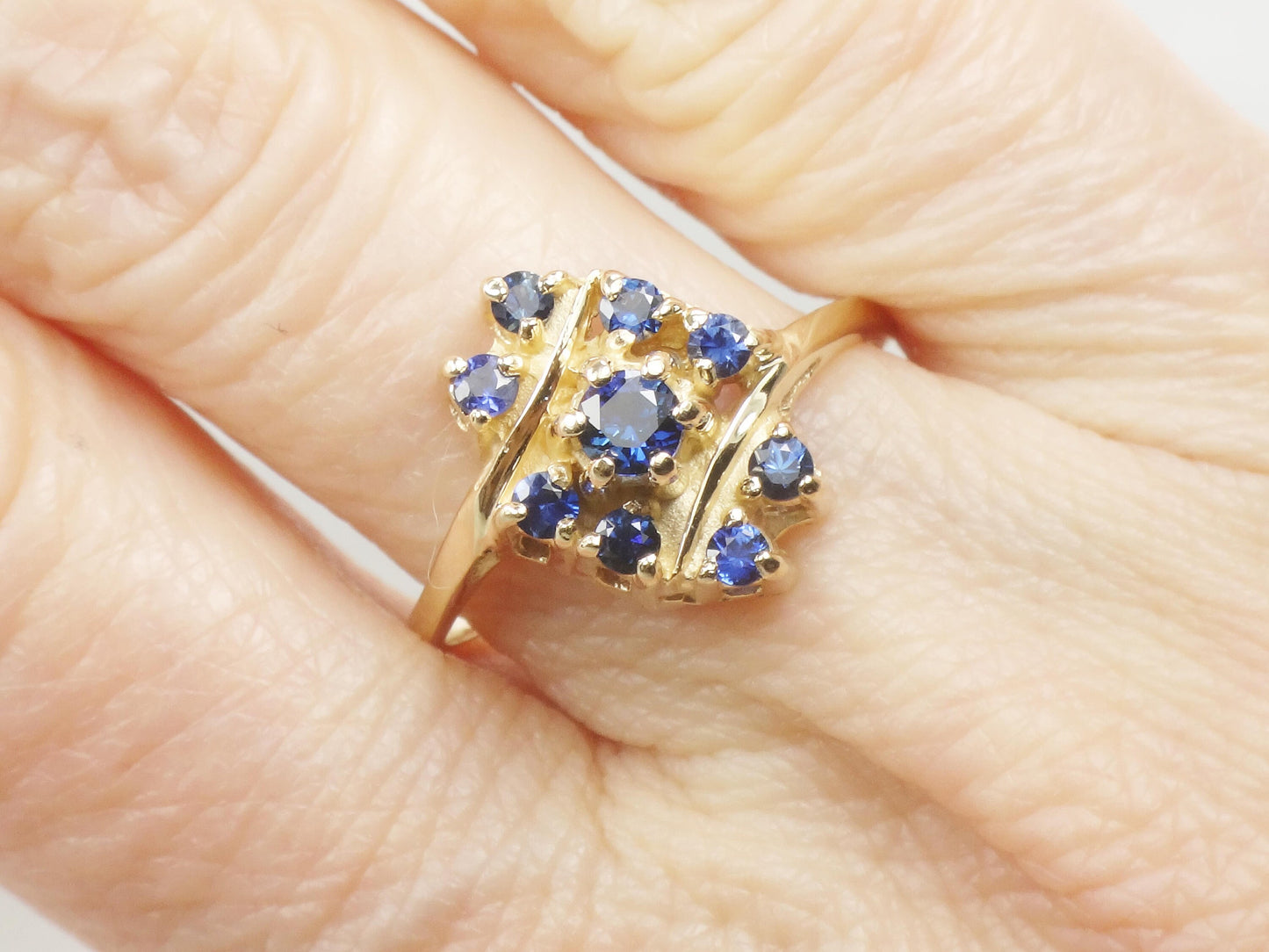 Vintage 14k Yellow Gold Blue Topaz Ring London Blue Topaz Cluster Ring - December Birthstone Right Hand Ring - Size 8.5