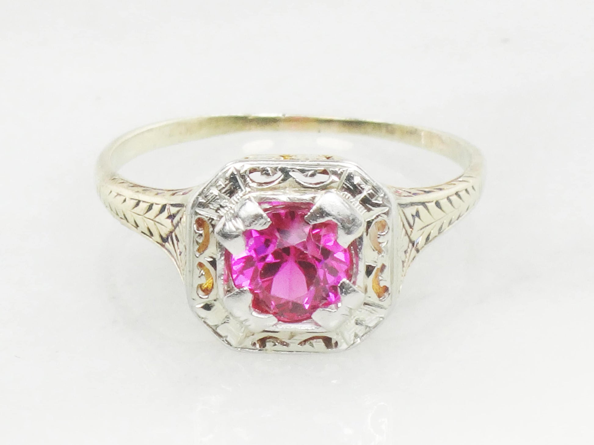 Vintage Art Deco Lab Ruby Ring: Gold & Platinum, Size 8.75