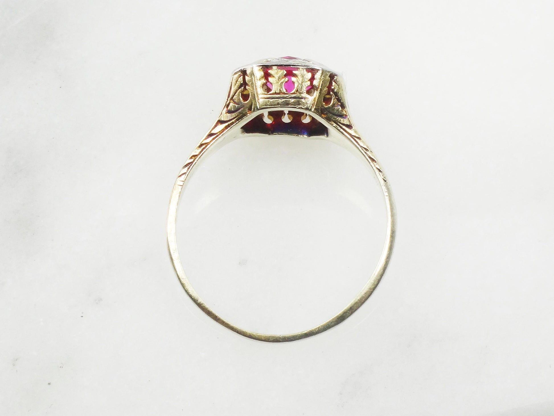 Vintage Art Deco Lab Ruby Ring: Gold & Platinum, Size 8.75