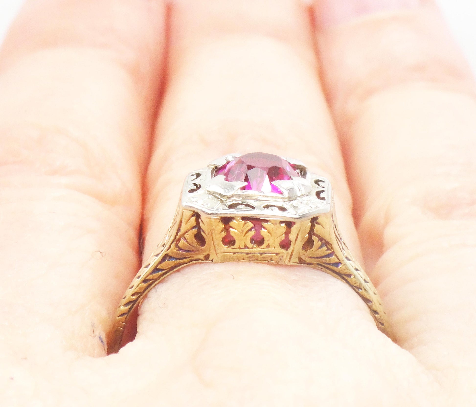 Vintage Art Deco Lab Ruby Ring: Gold & Platinum, Size 8.75