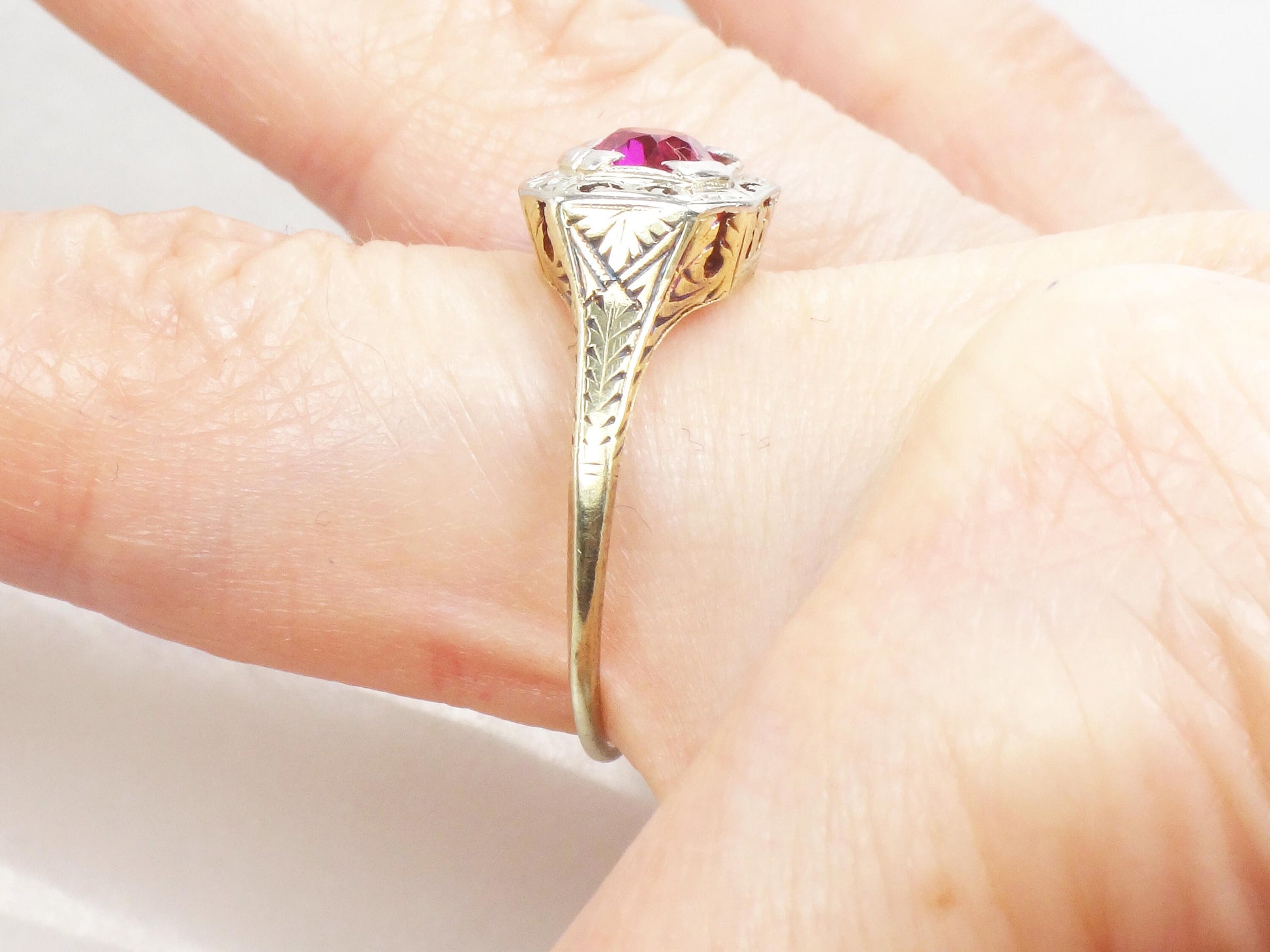 Vintage Art Deco Lab Ruby Ring: Gold & Platinum, Size 8.75