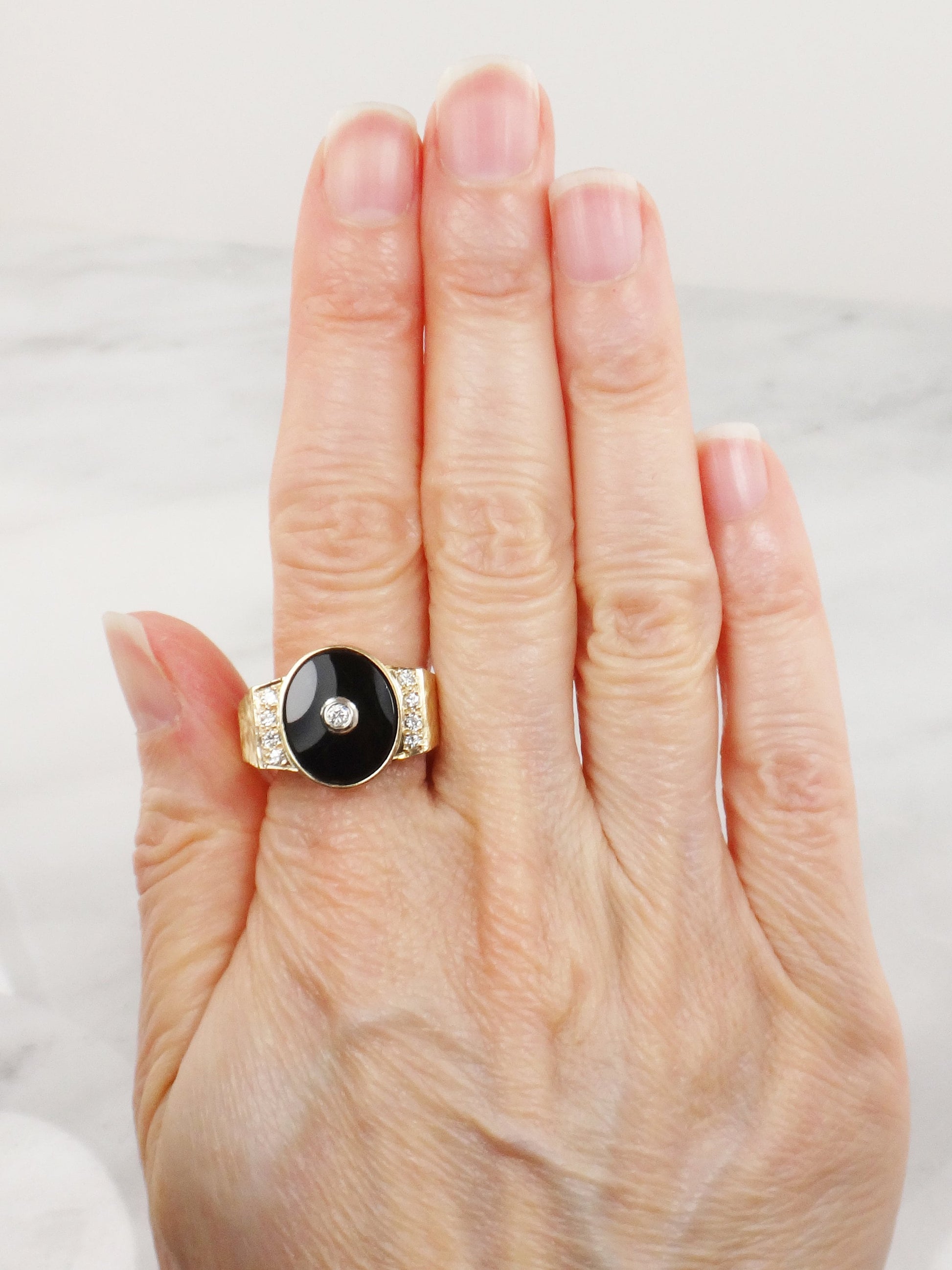 Vintage 14k Yellow Gold Onyx Diamond Ring - Size 10