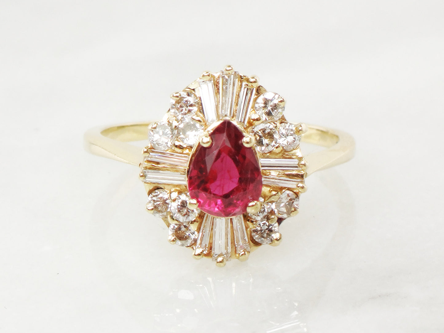 Vintage 14k Yellow Gold Ruby Diamond Ring: Ballerina Style