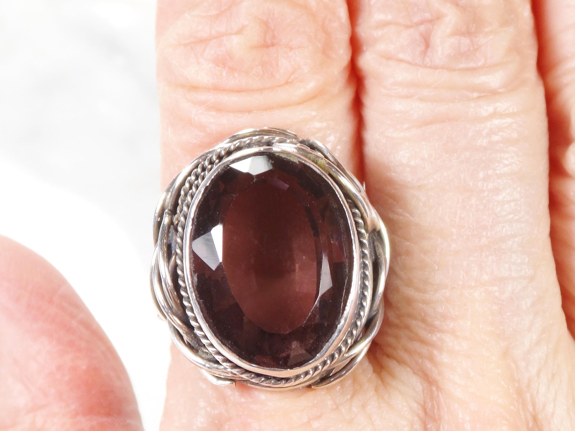 Vintage Large Sterling Silver Purple Glass Ring Size 9