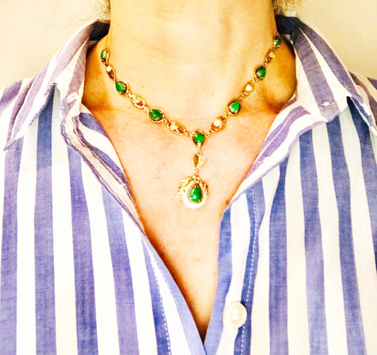 Vintage 14k Gold Chrysoprase Necklace: Shamrock Clover Floral Drop, 1930s