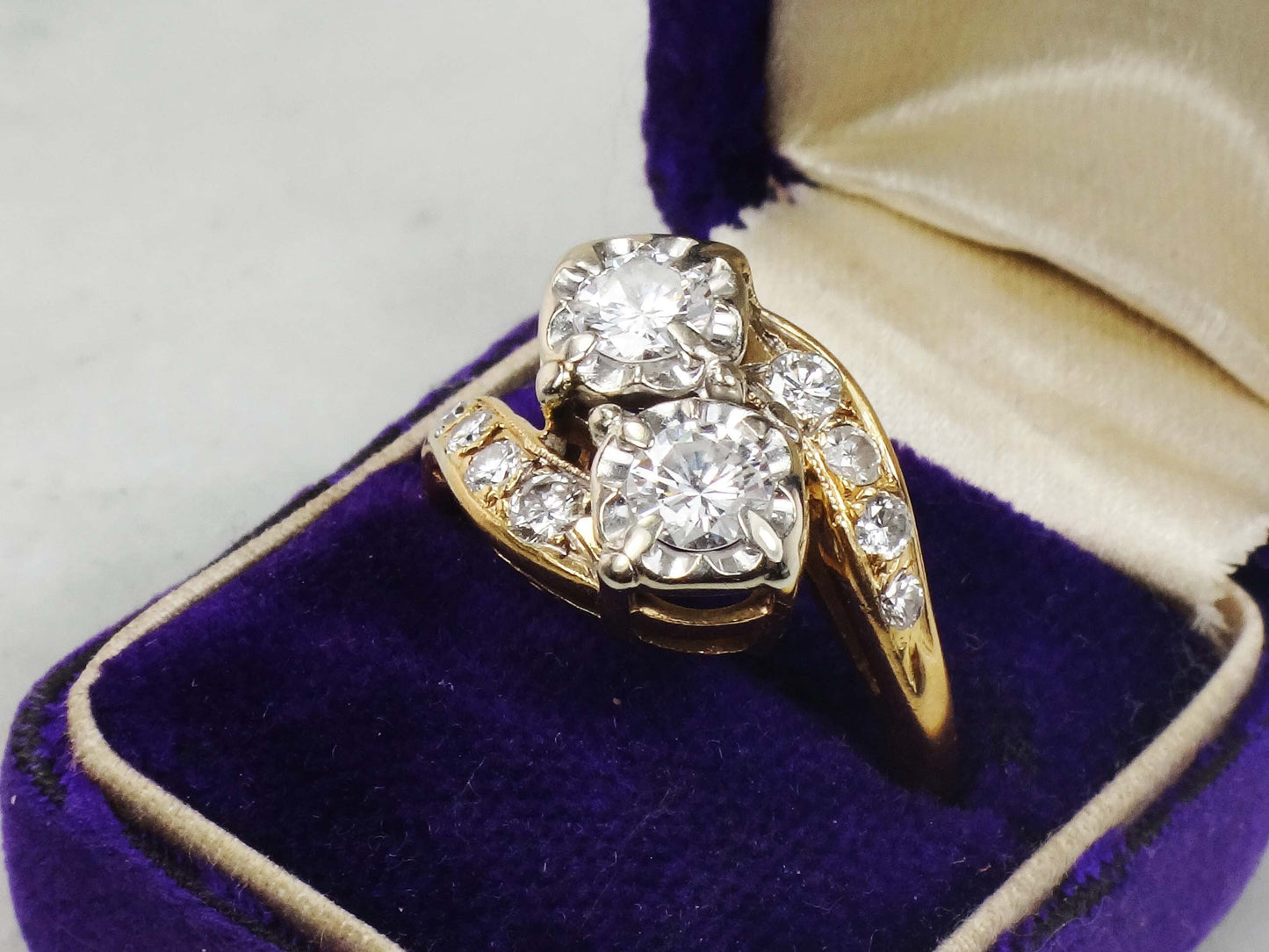 Vintage 14k Natural Diamond Toi et Moi Ring, Two Tone Gold Two Stone Diamond Ring, Approximately 1 Carat