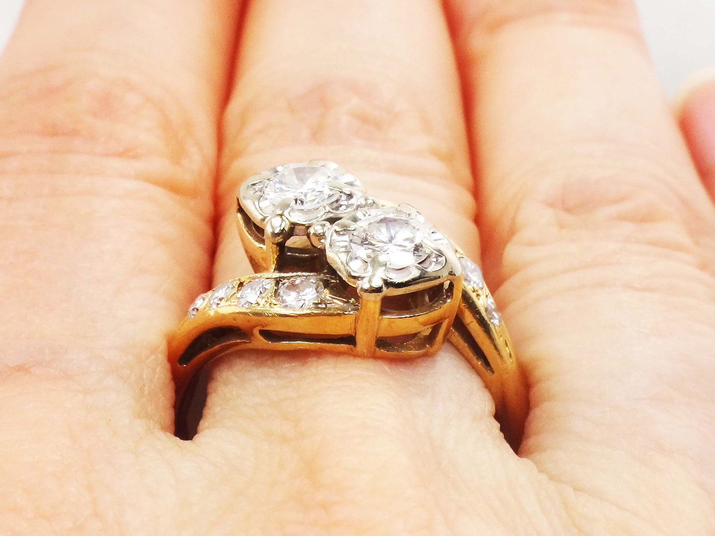 Vintage 14k Natural Diamond Toi et Moi Ring, Two Tone Gold Two Stone Diamond Ring, Approximately 1 Carat