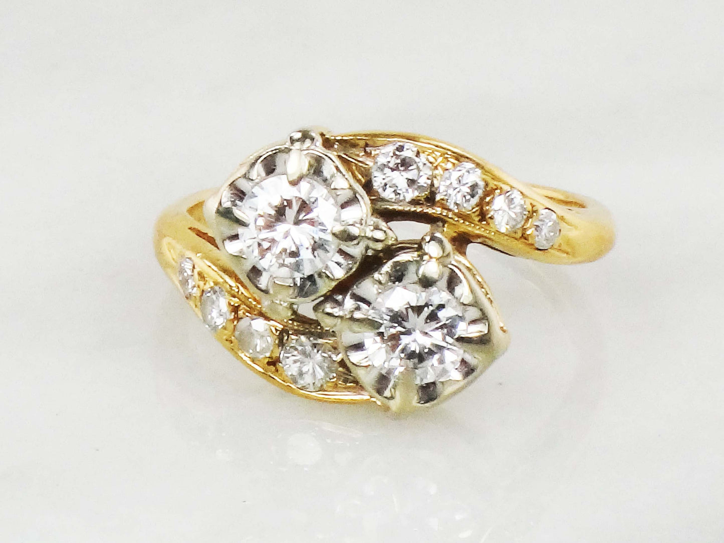 Vintage 14k Natural Diamond Toi et Moi Ring, Two Tone Gold Two Stone Diamond Ring, Approximately 1 Carat