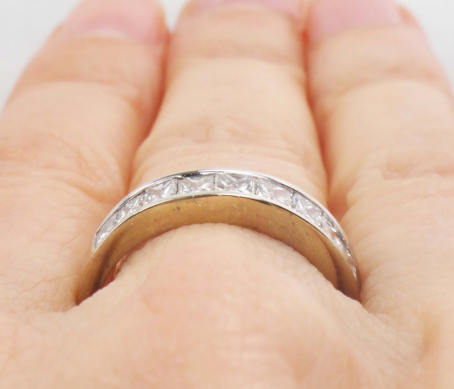 Vintage 14k White Gold Channel Set Natural Diamond Wedding Band, 1.25 Carat TDW Princess Cut Diamond Ring, Size 6.5