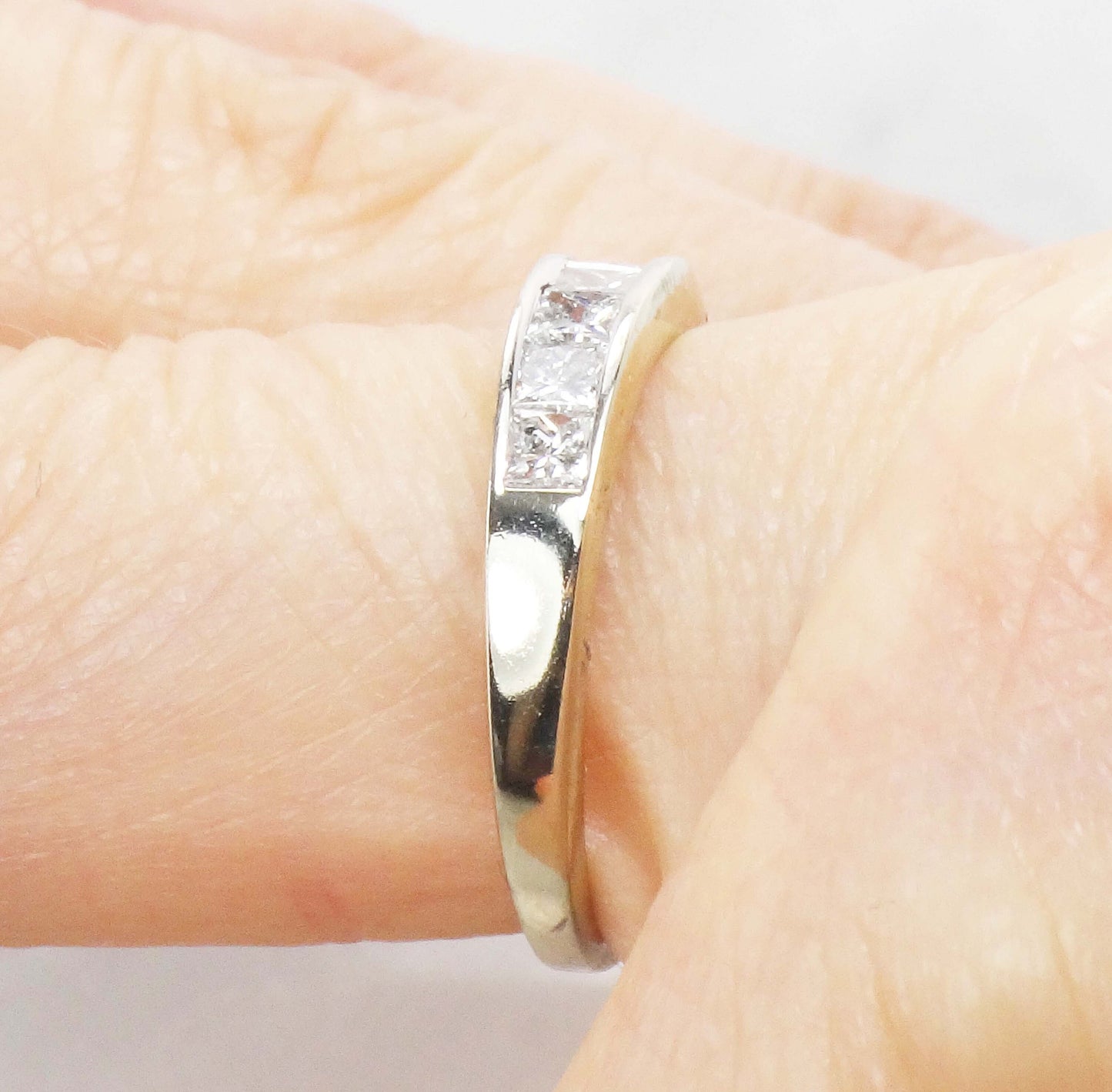 Vintage 14k White Gold Channel Set Natural Diamond Wedding Band, 1.25 Carat TDW Princess Cut Diamond Ring, Size 6.5