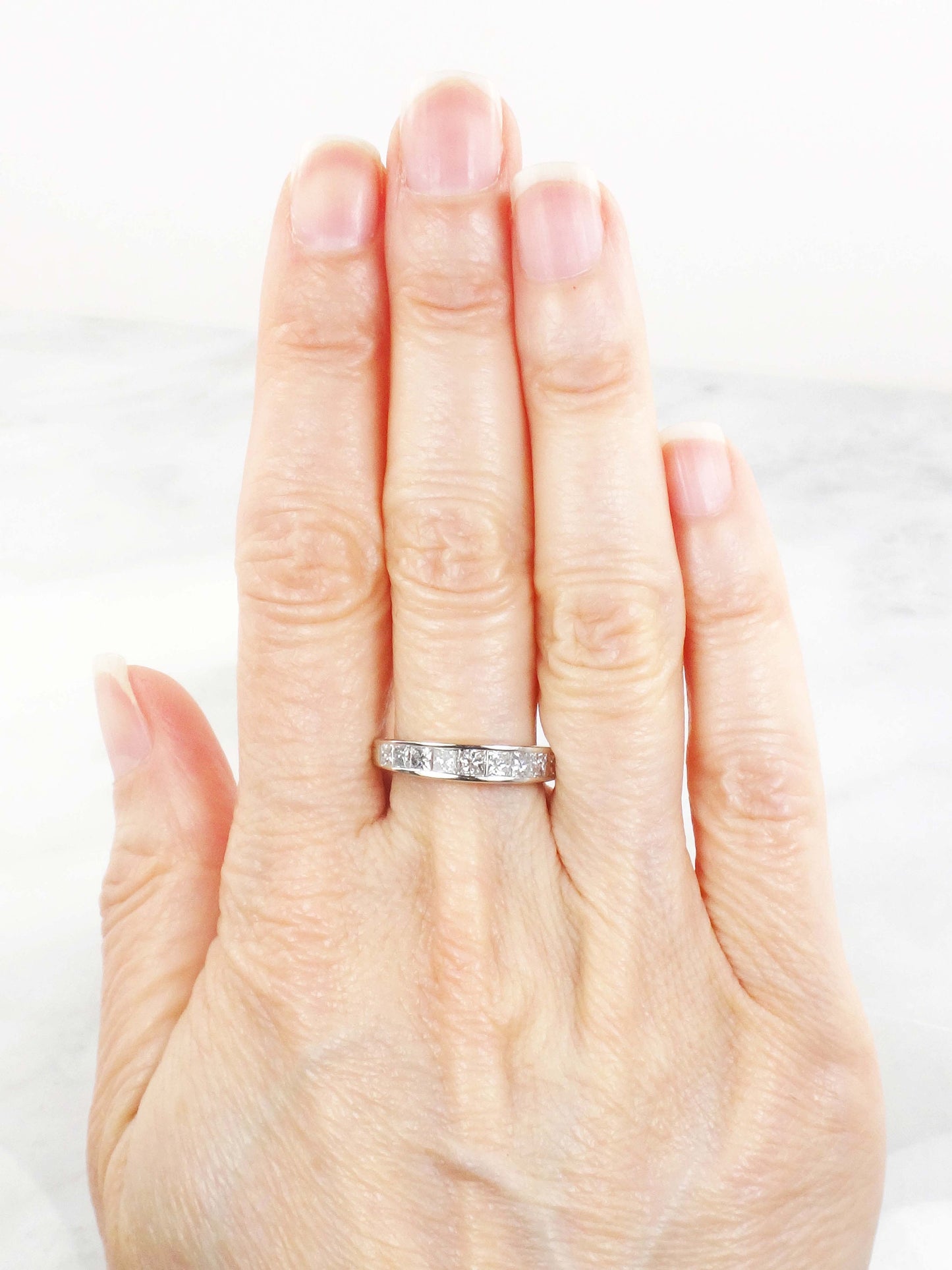 Vintage 14k White Gold Channel Set Natural Diamond Wedding Band, 1.25 Carat TDW Princess Cut Diamond Ring, Size 6.5