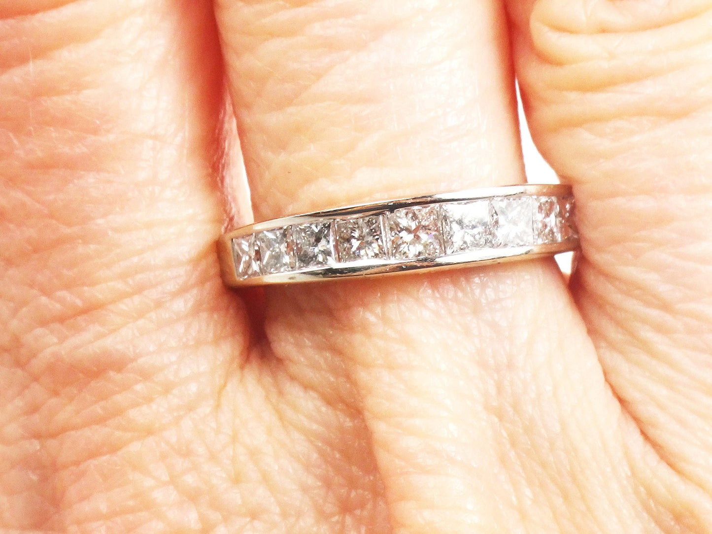 Vintage 14k White Gold Channel Set Natural Diamond Wedding Band, 1.25 Carat TDW Princess Cut Diamond Ring, Size 6.5
