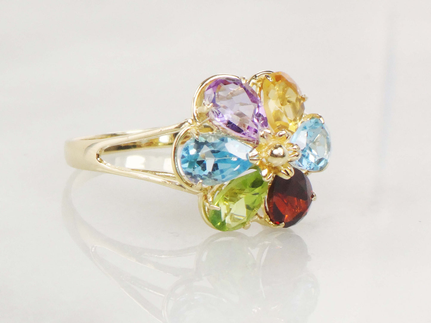 Vintage 14k Gold Floral Gemstone Ring: Garnet, Peridot, Topaz, Amethyst, Citrine (Size 6.75)