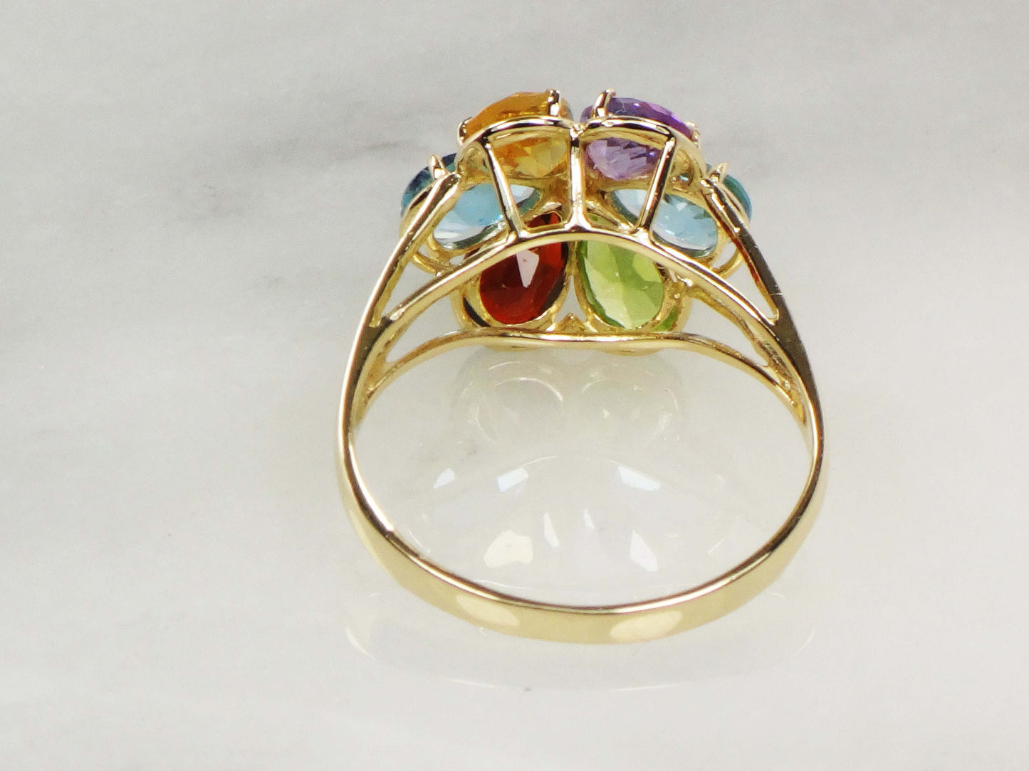 Vintage 14k Gold Floral Gemstone Ring: Garnet, Peridot, Topaz, Amethyst, Citrine (Size 6.75)