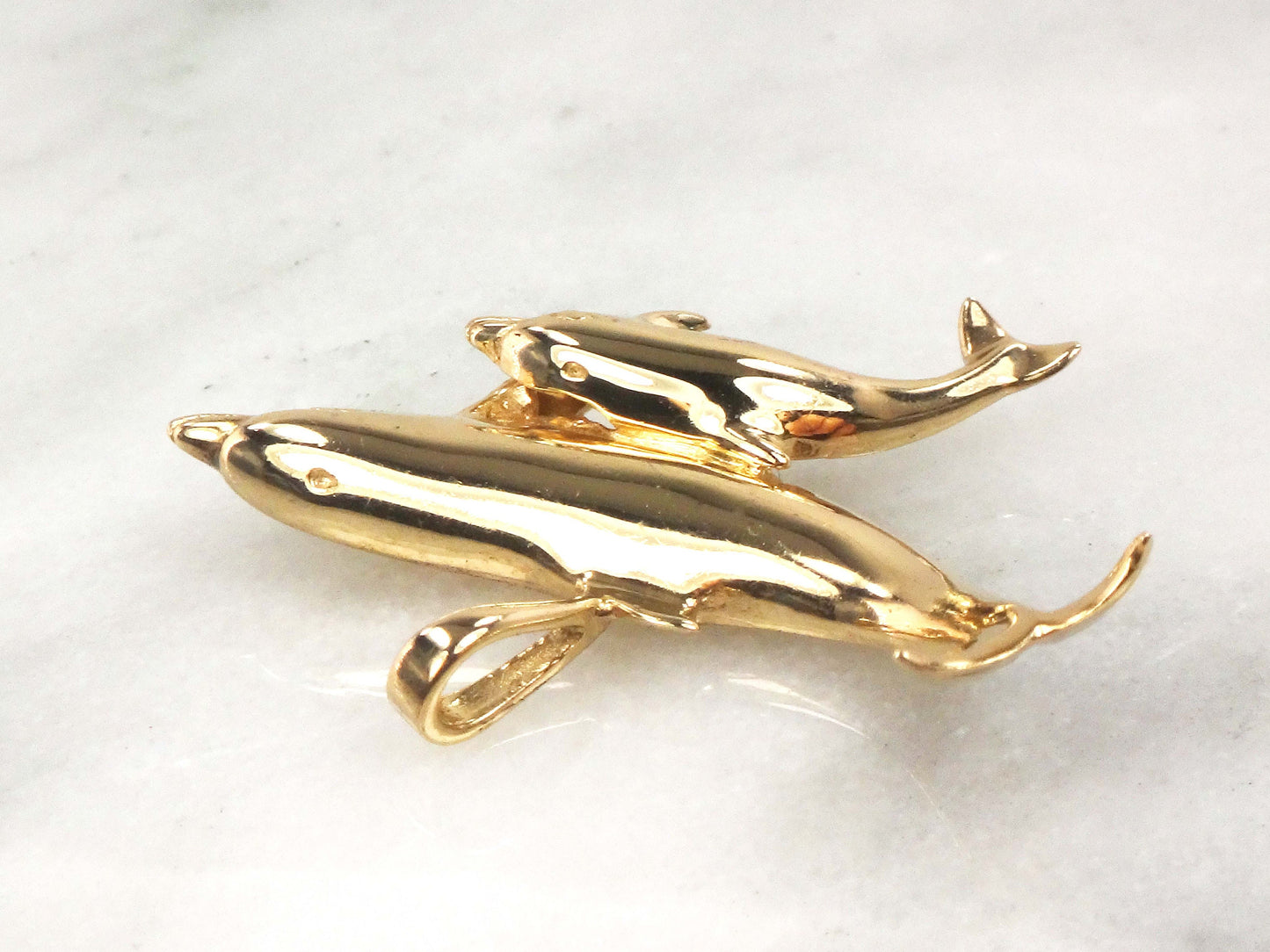 Vintage 14k Gold Dolphins Pendant Kabana Mother and Baby Dolphin Pendant Marine Life Nautical New Mom Gift