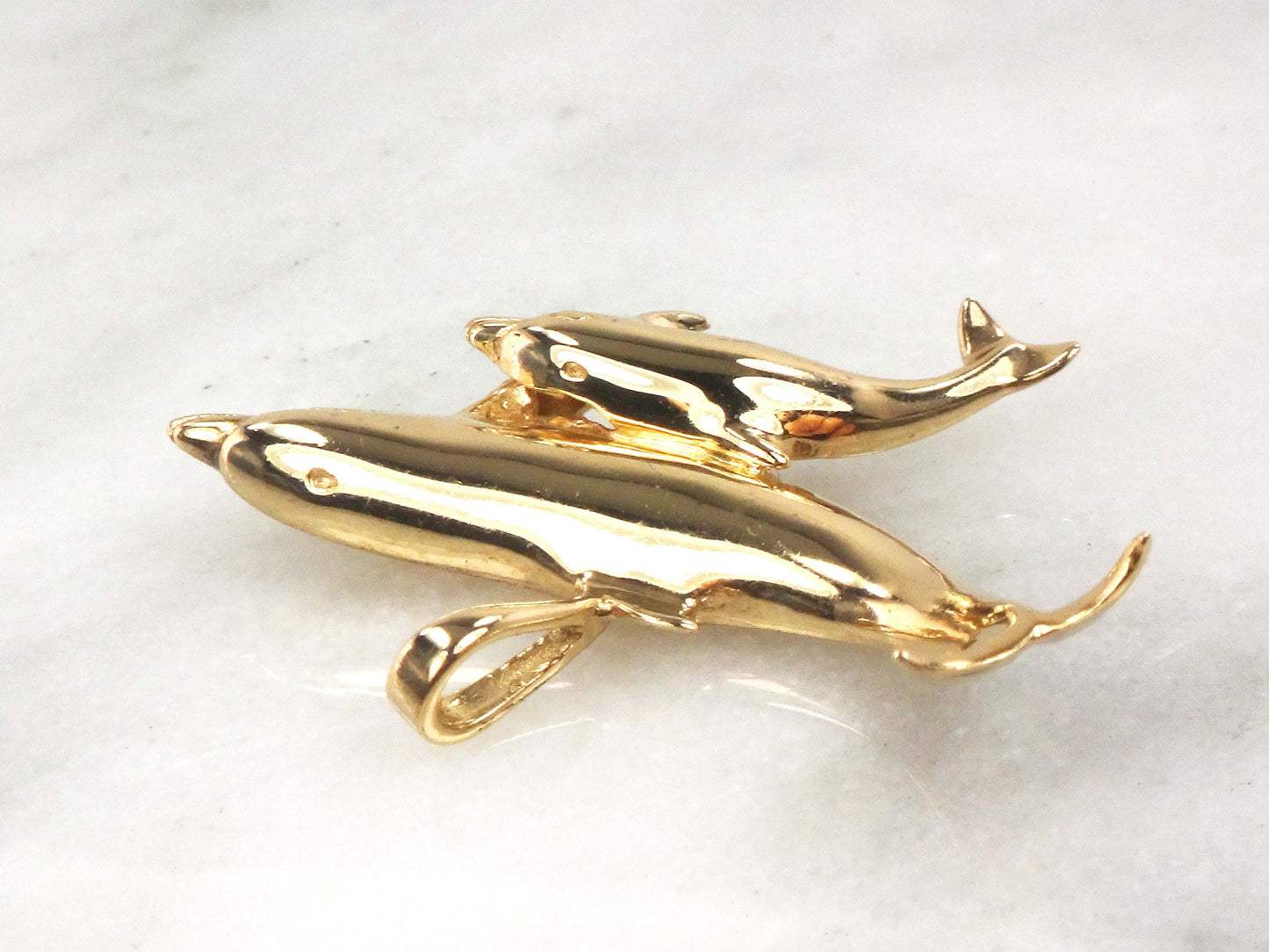 Vintage 14k Gold Dolphins Pendant: Kabana Mother & Baby Nautical Jewelry