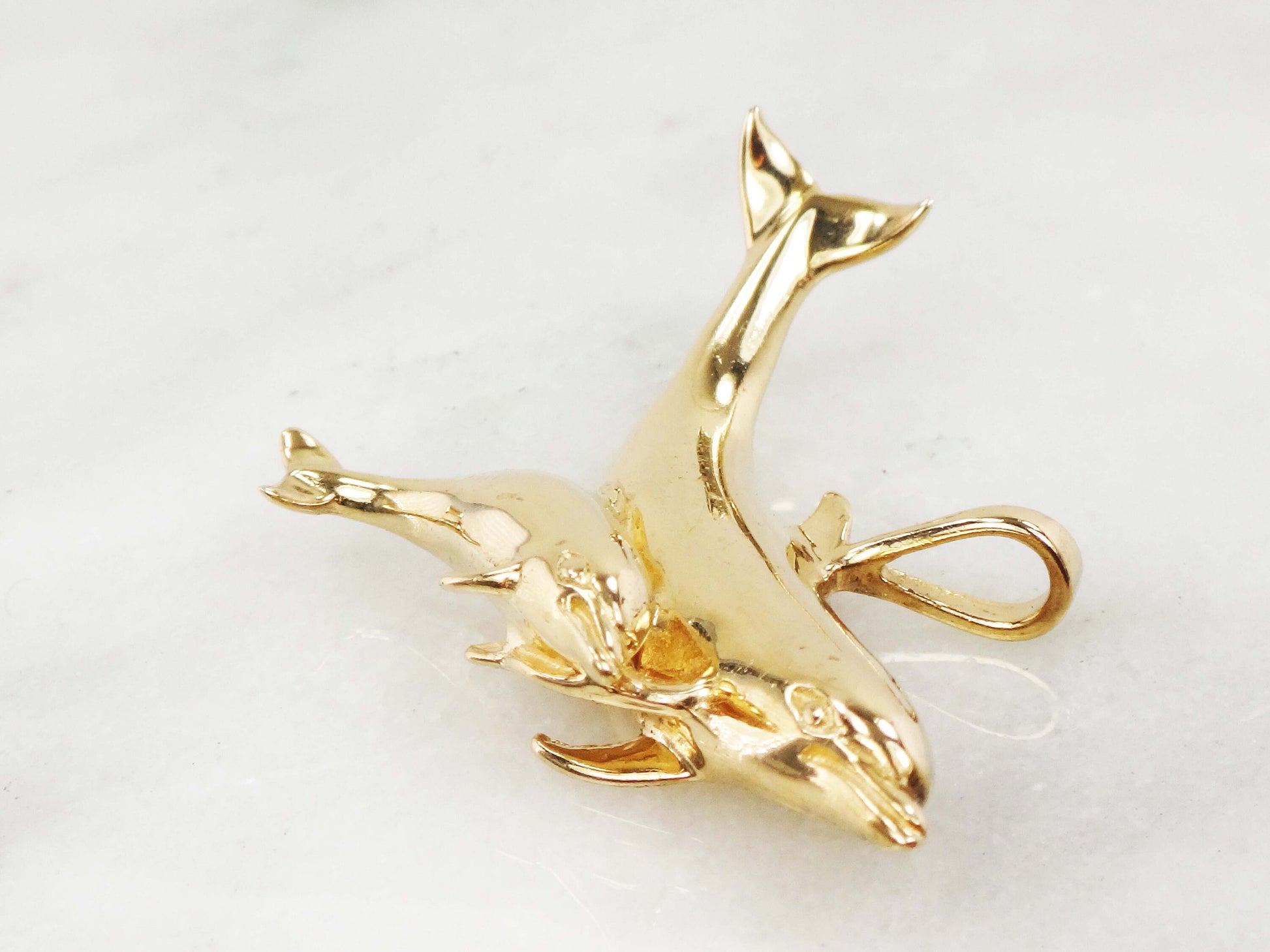Vintage 14k Gold Dolphins Pendant: Kabana Mother & Baby Nautical Jewelry