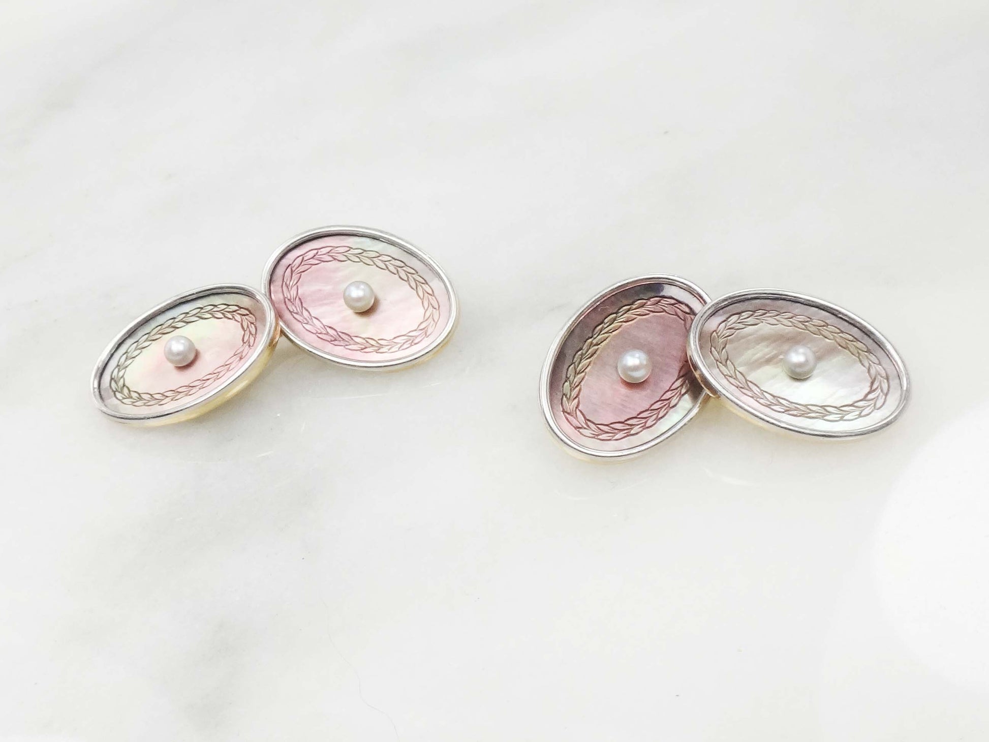 Vintage Antique 14k White Gold Mother of Pearl Cufflinks by Larter & Sons, Men's Gift, Groom Gift