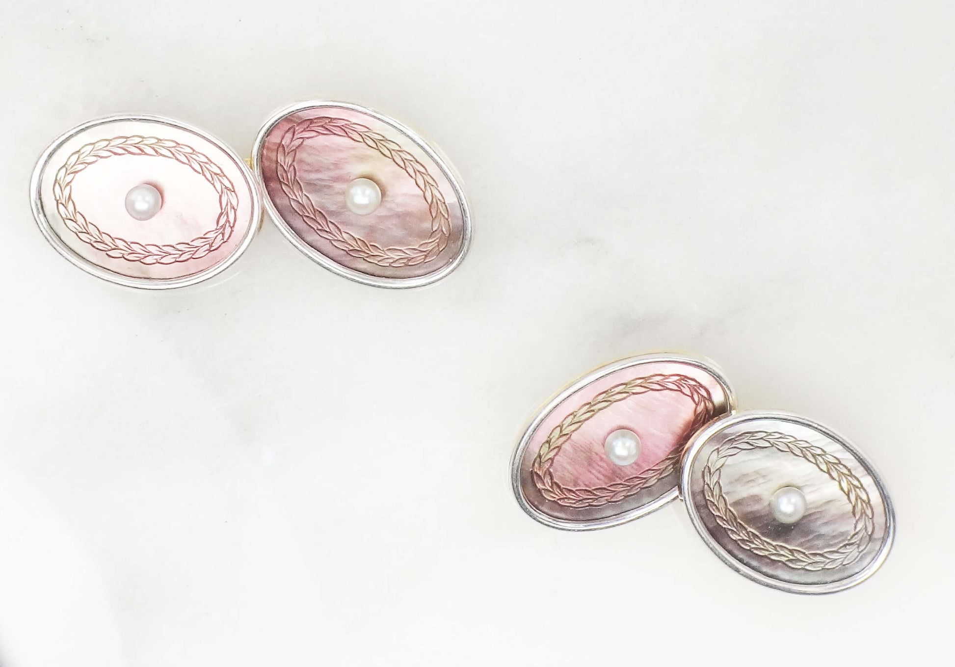 Vintage Antique 14k White Gold Mother of Pearl Cufflinks by Larter & Sons, Men's Gift, Groom Gift