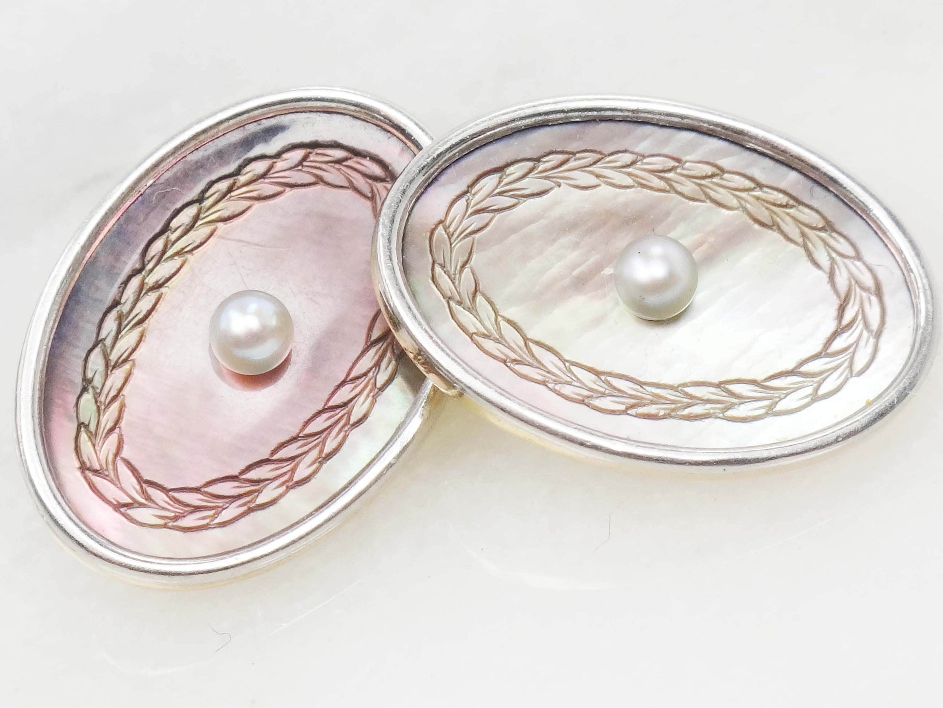 Vintage Antique 14k White Gold Mother of Pearl Cufflinks by Larter & Sons, Men's Gift, Groom Gift