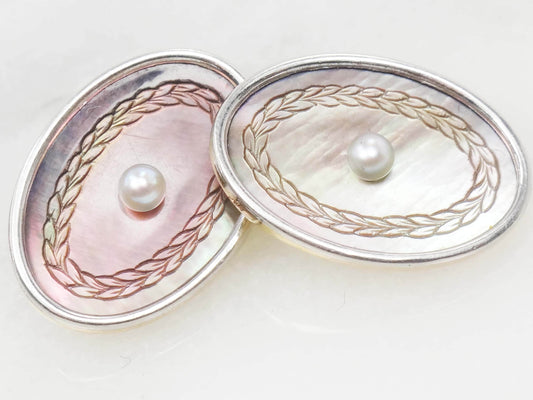 Vintage Antique 14k White Gold Mother of Pearl Cufflinks by Larter & Sons, Men's Gift, Groom Gift