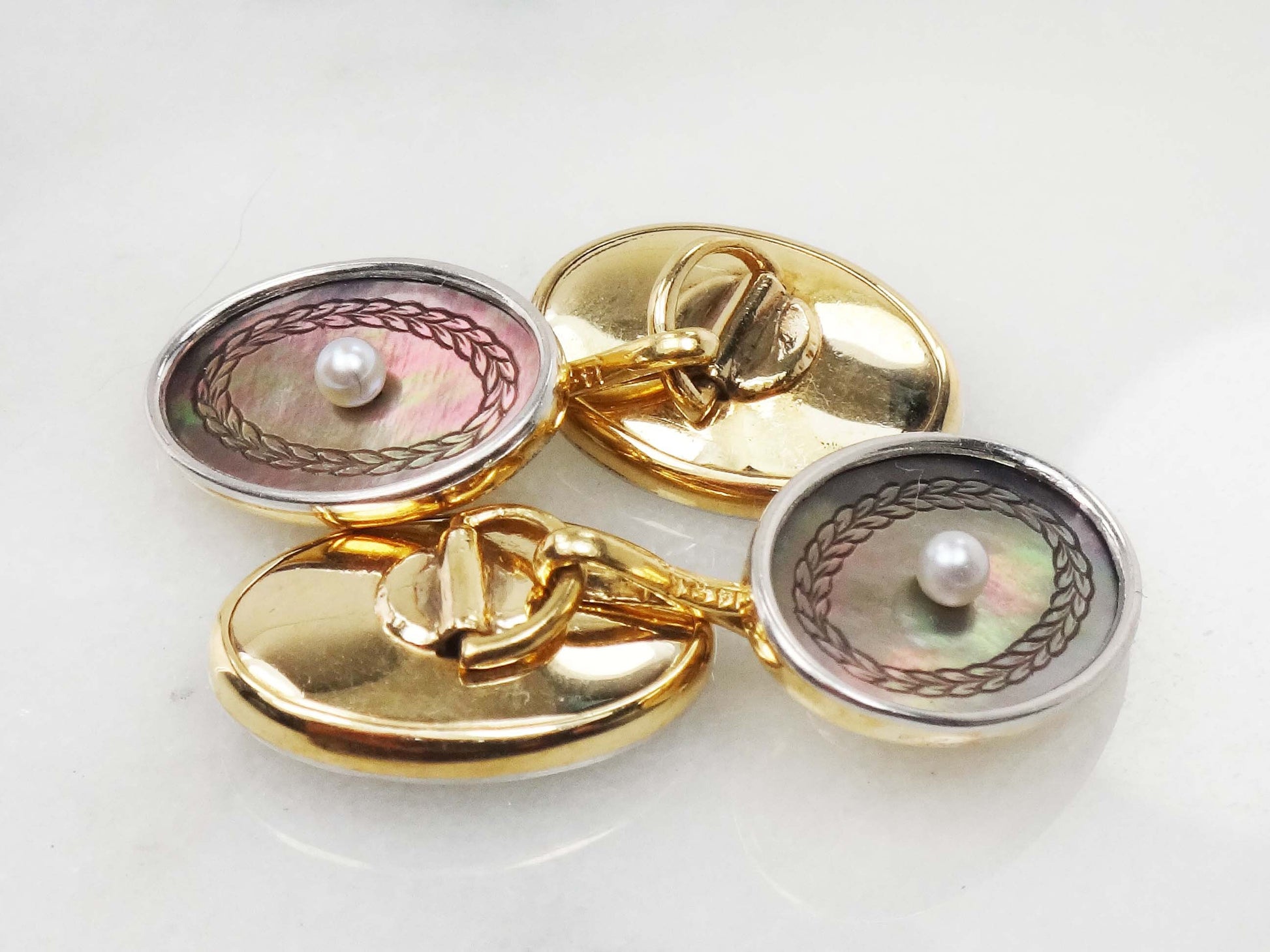 Vintage Antique 14k White Gold Mother of Pearl Cufflinks by Larter & Sons, Men's Gift, Groom Gift