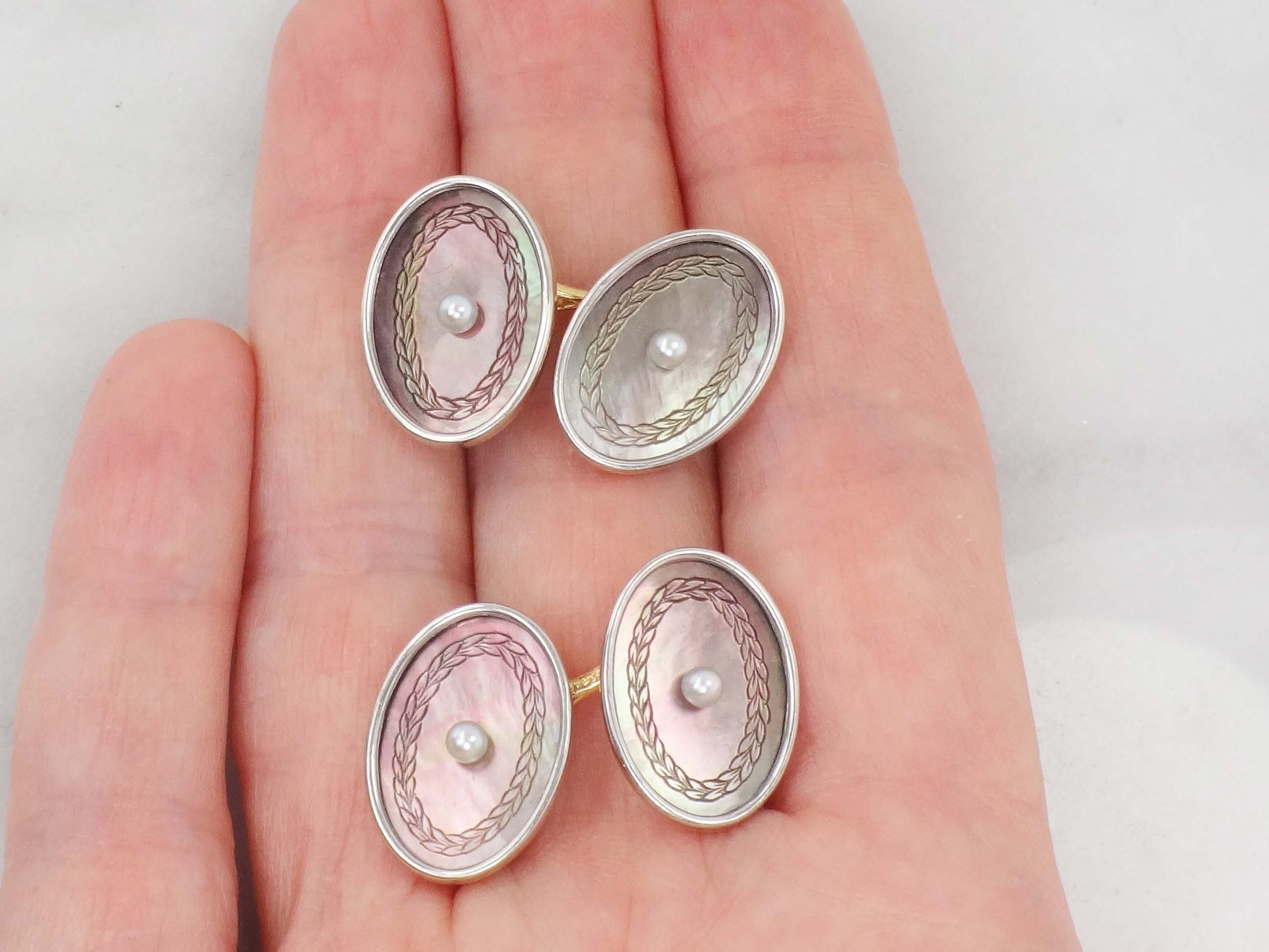 Vintage Antique 14k White Gold Mother of Pearl Cufflinks by Larter & Sons, Men's Gift, Groom Gift