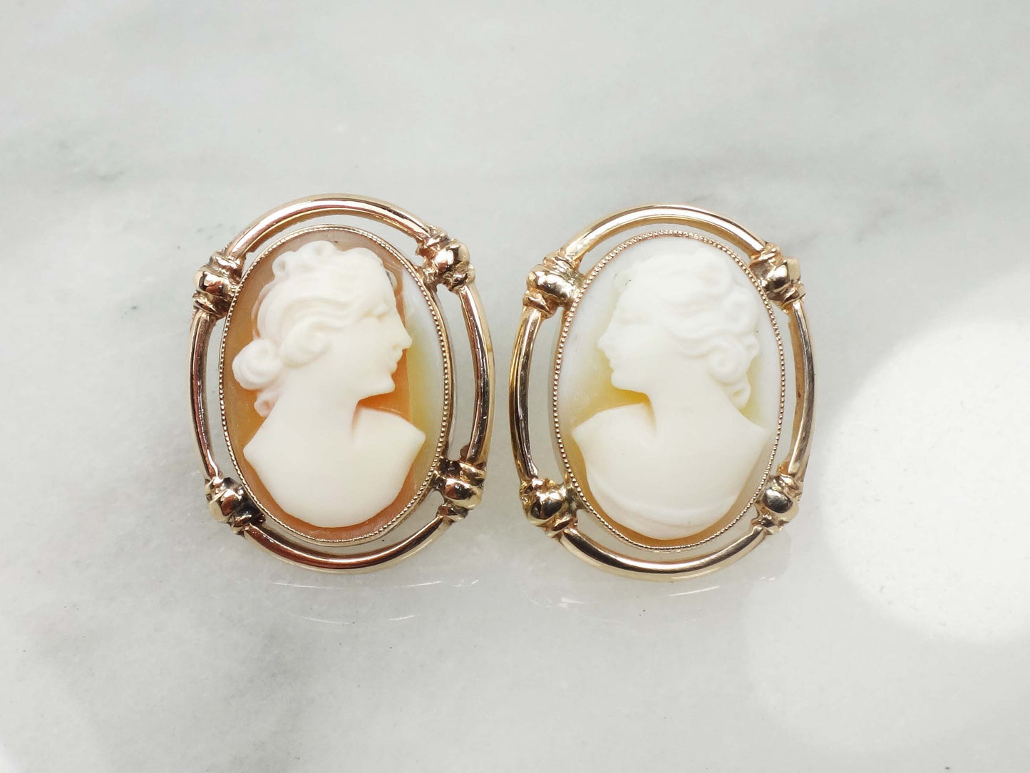 Vintage 14k Yellow Gold Cameo Stud Earrings with Post Backs