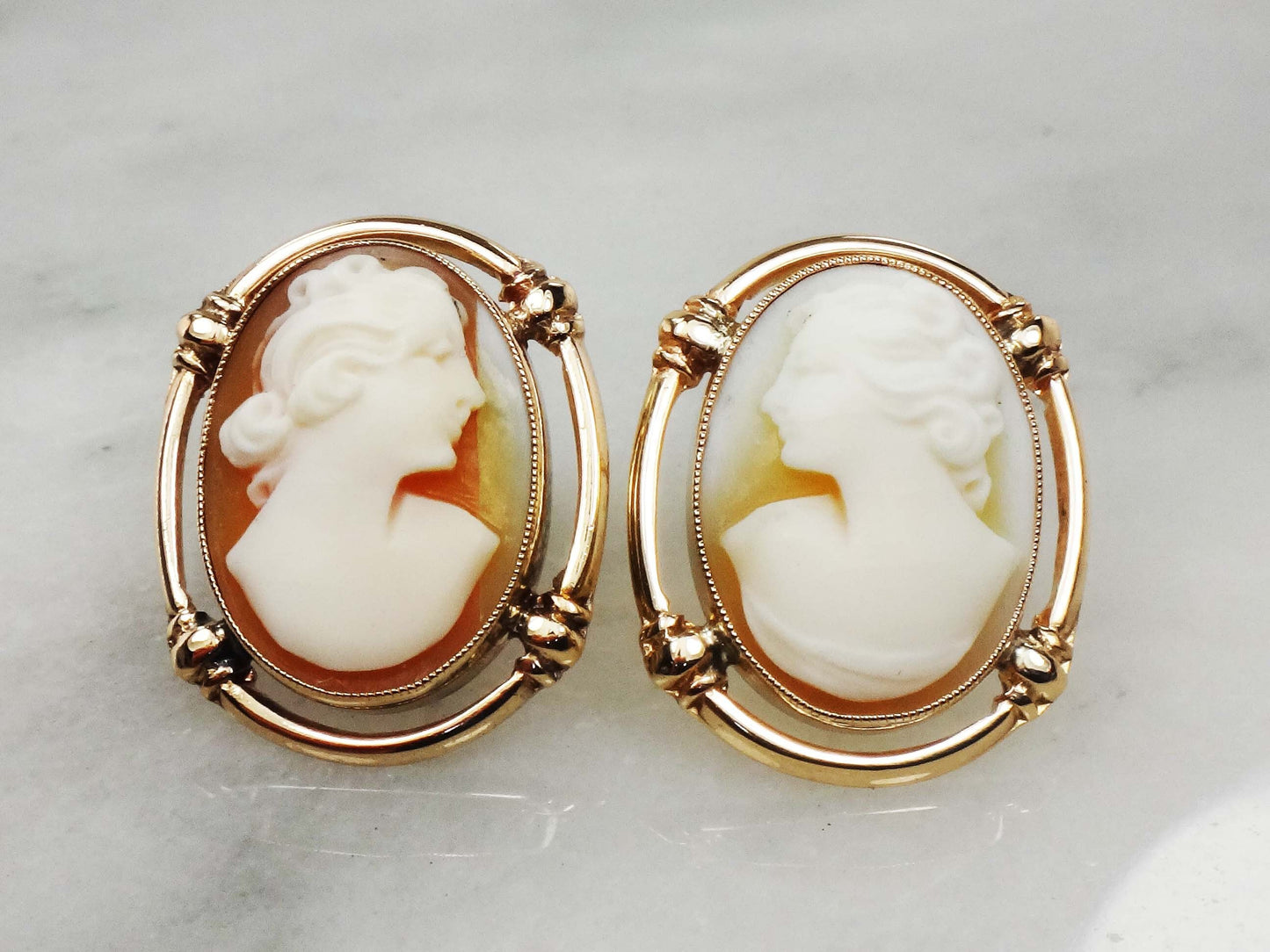 Vintage 14k Yellow Gold Cameo Stud Earrings with Post Backs