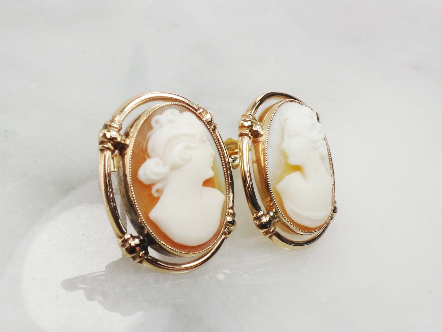 Vintage 14k Yellow Gold Cameo Stud Earrings with Post Backs
