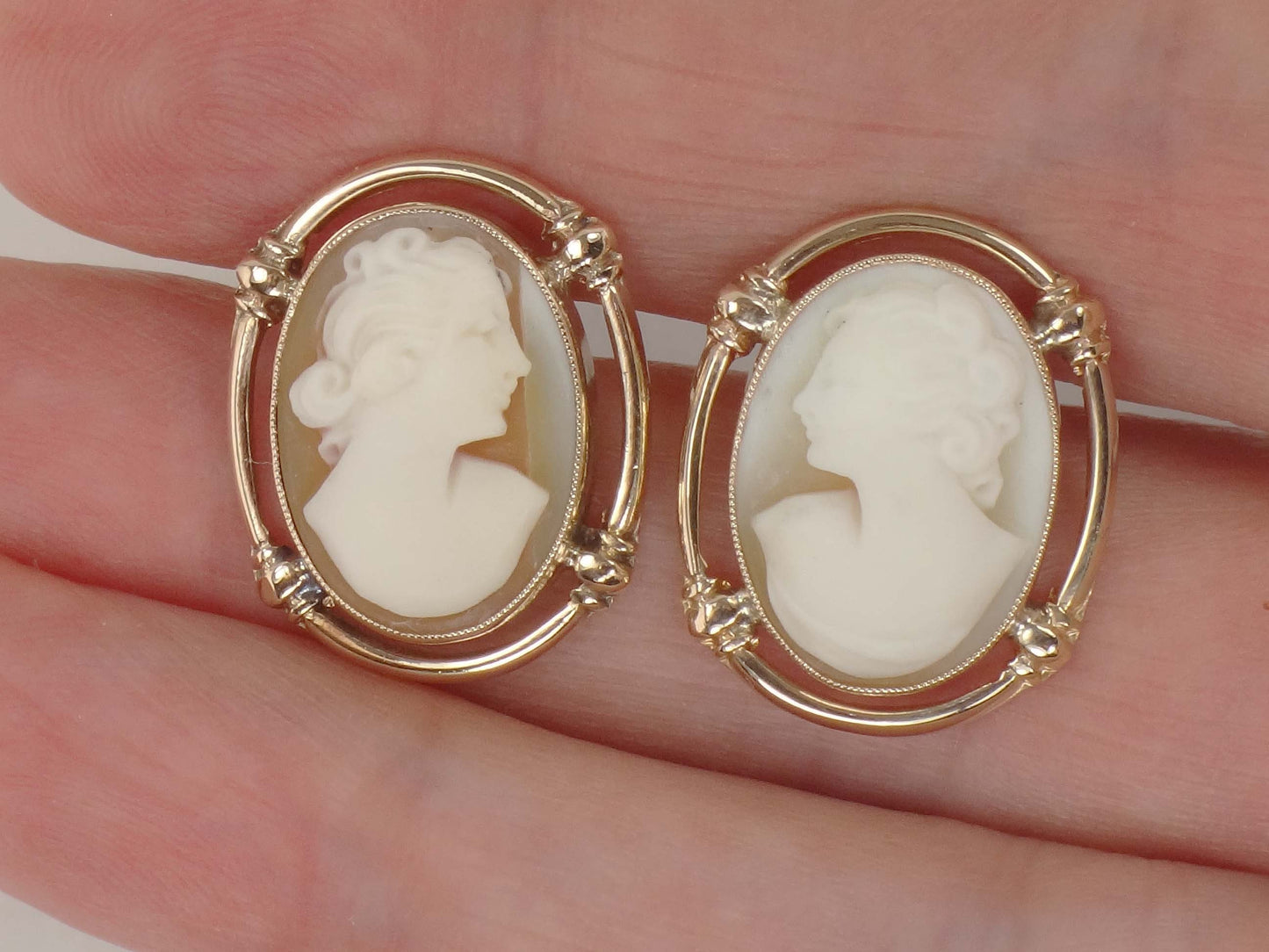 Vintage 14k Yellow Gold Cameo Stud Earrings with Post Backs
