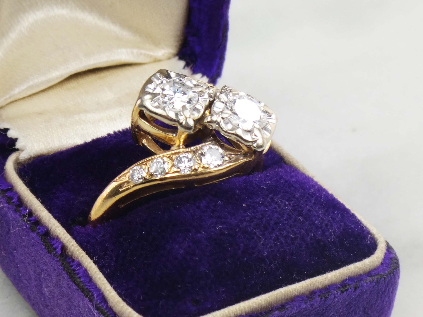 Vintage 14k Natural Diamond Toi et Moi Ring, Two Tone Gold Two Stone Diamond Ring, Approximately 1 Carat