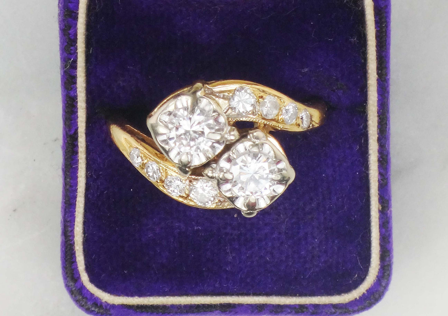 Vintage 14k Natural Diamond Toi et Moi Ring, Two Tone Gold Two Stone Diamond Ring, Approximately 1 Carat