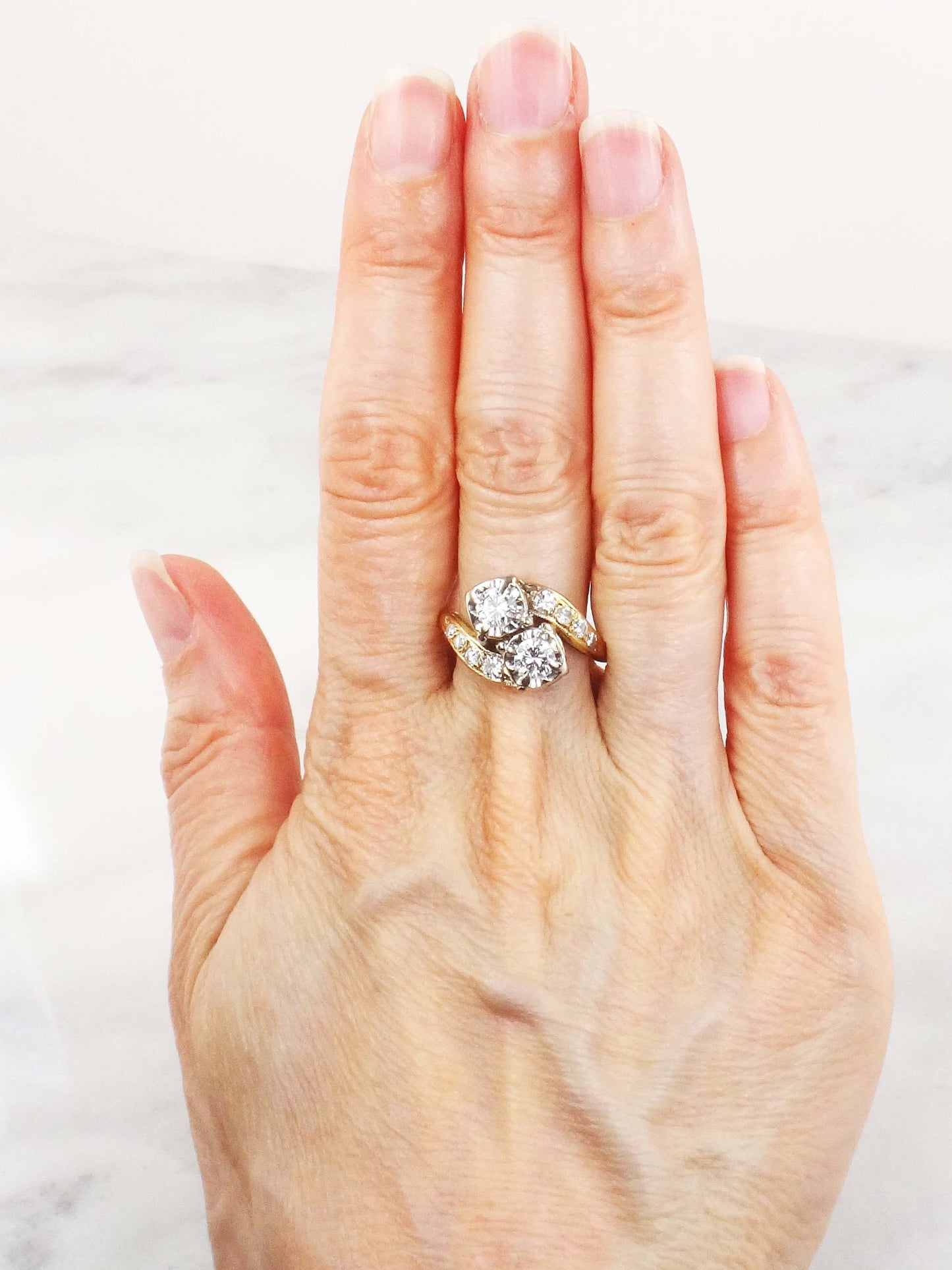 Vintage 14k Natural Diamond Toi et Moi Ring, Two Tone Gold Two Stone Diamond Ring, Approximately 1 Carat