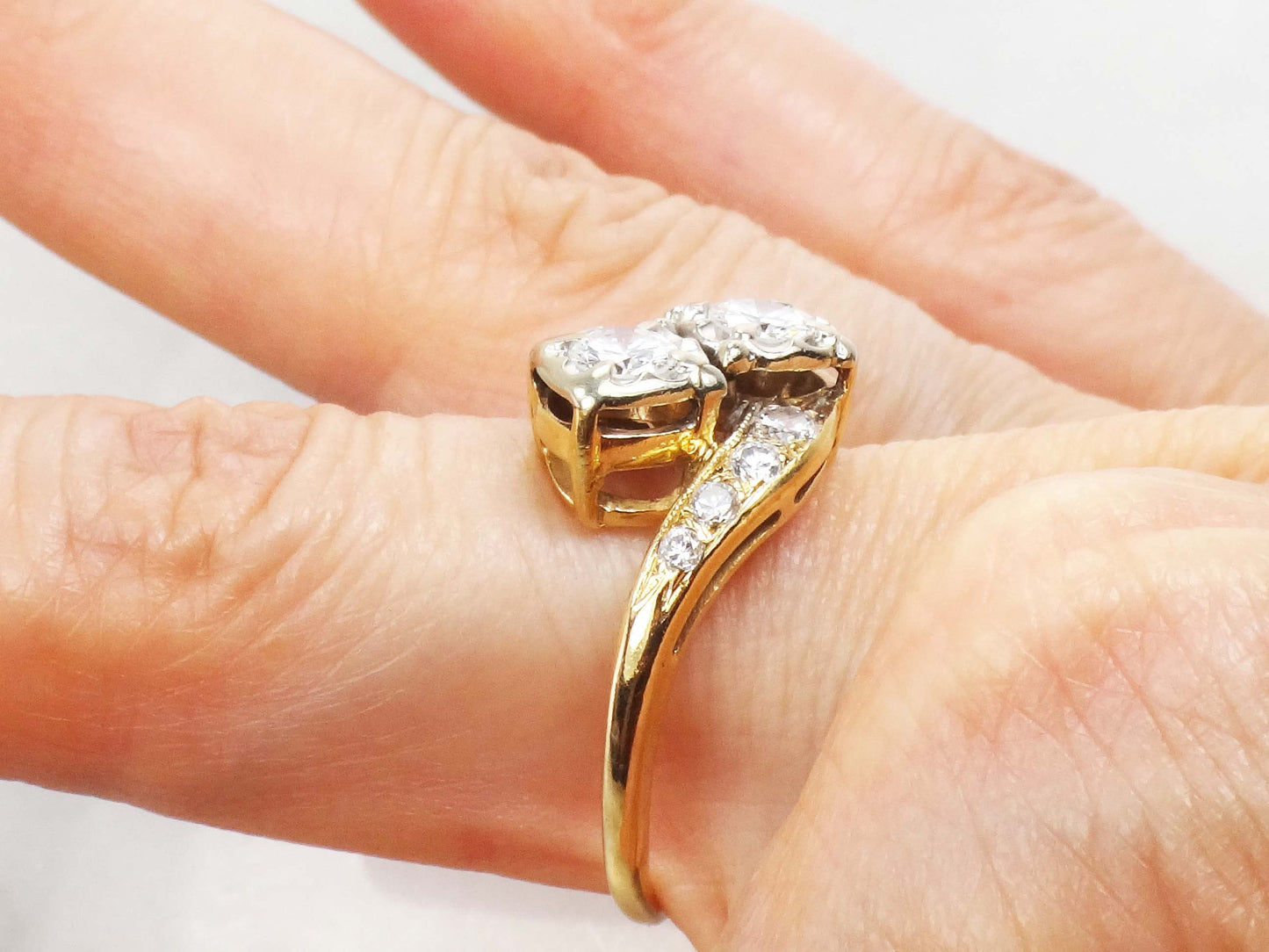 Vintage 14k Natural Diamond Toi et Moi Ring, Two Tone Gold Two Stone Diamond Ring, Approximately 1 Carat