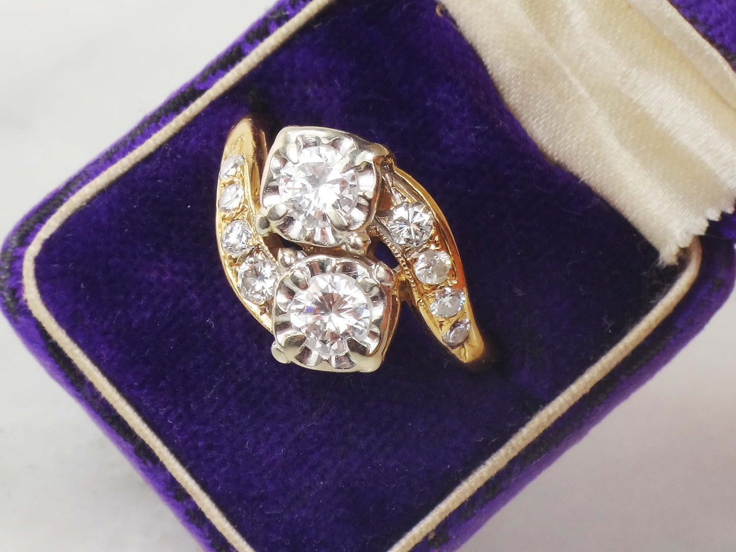 Vintage 14k Natural Diamond Toi et Moi Ring, Two Tone Gold Two Stone Diamond Ring, Approximately 1 Carat