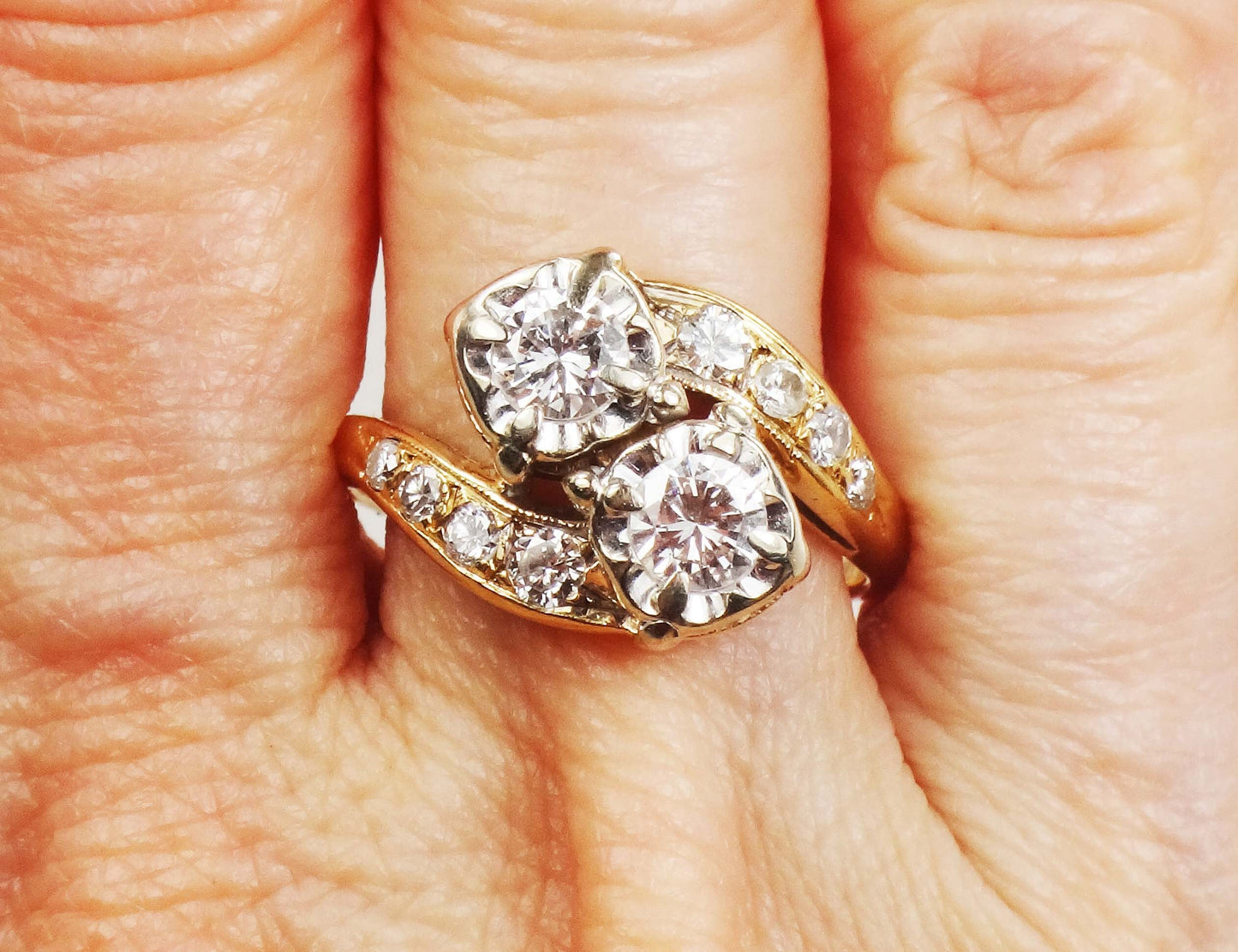 Vintage 14k Natural Diamond Toi et Moi Ring, Two Tone Gold Two Stone Diamond Ring, Approximately 1 Carat