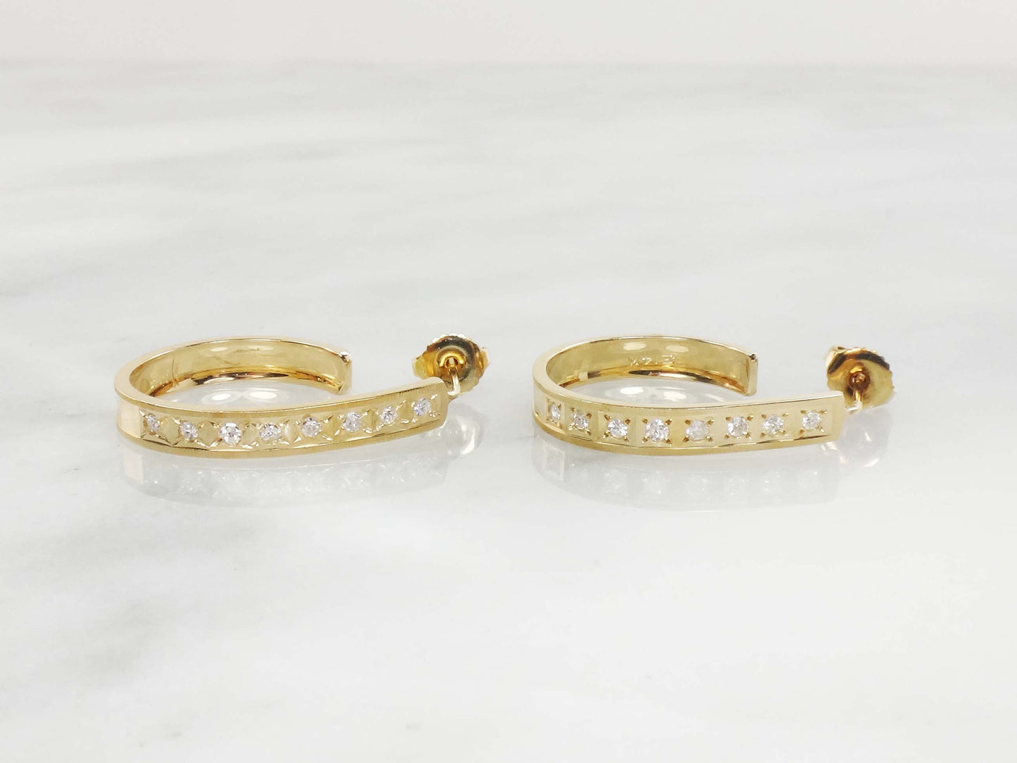 Vintage 14k Yellow Gold Natural Diamond Half Hoop Earrings Approx .40 CT TDW Large Gold Diamond Earrings