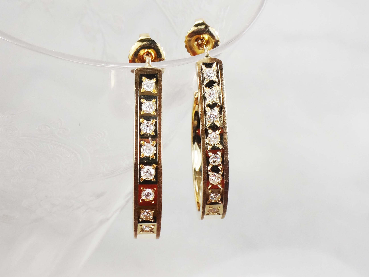 Vintage 14k Yellow Gold Natural Diamond Half Hoop Earrings Approx .40 CT TDW Large Gold Diamond Earrings