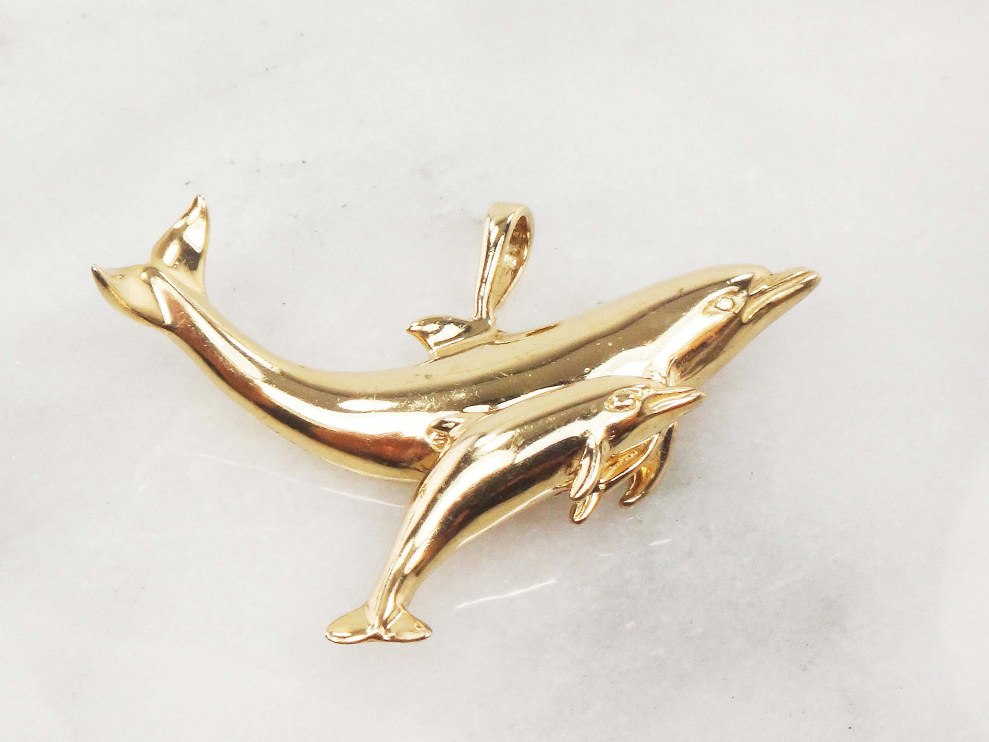 Vintage 14k Gold Dolphins Pendant: Kabana Mother & Baby Nautical Jewelry