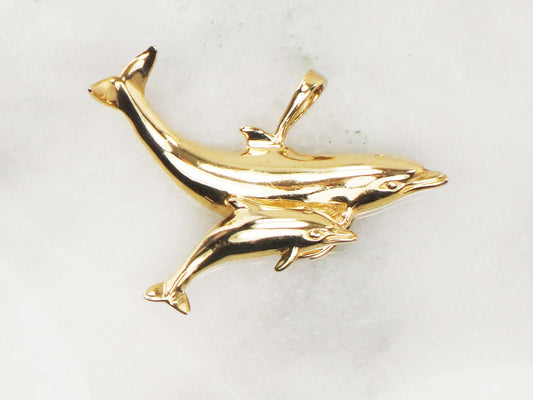 Vintage 14k Gold Dolphins Pendant: Kabana Mother & Baby Nautical Jewelry