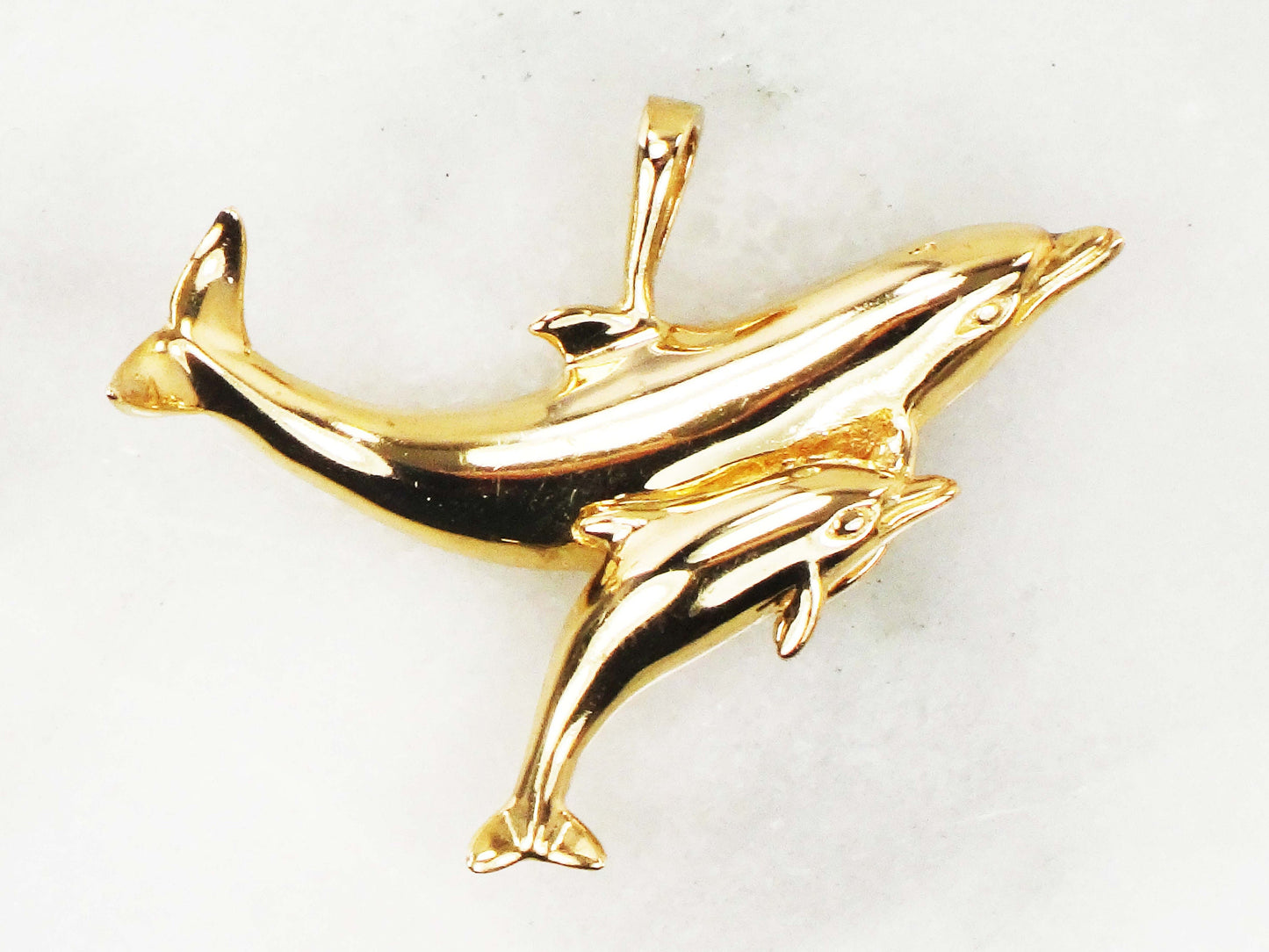 Vintage 14k Gold Dolphins Pendant: Kabana Mother & Baby Nautical Jewelry