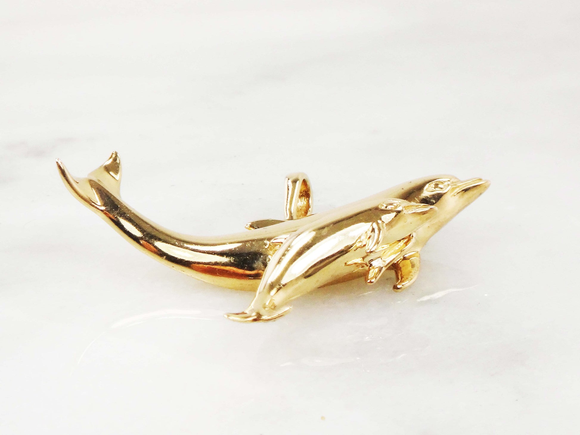 Vintage 14k Gold Dolphins Pendant: Kabana Mother & Baby Nautical Jewelry
