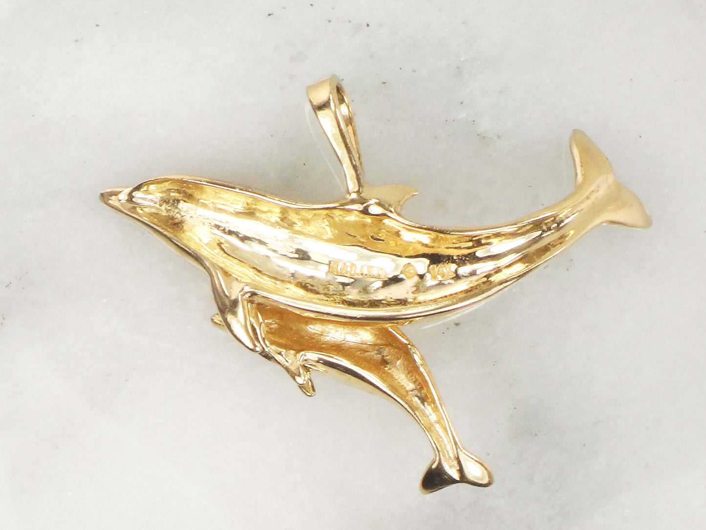 Vintage 14k Gold Dolphins Pendant: Kabana Mother & Baby Nautical Jewelry