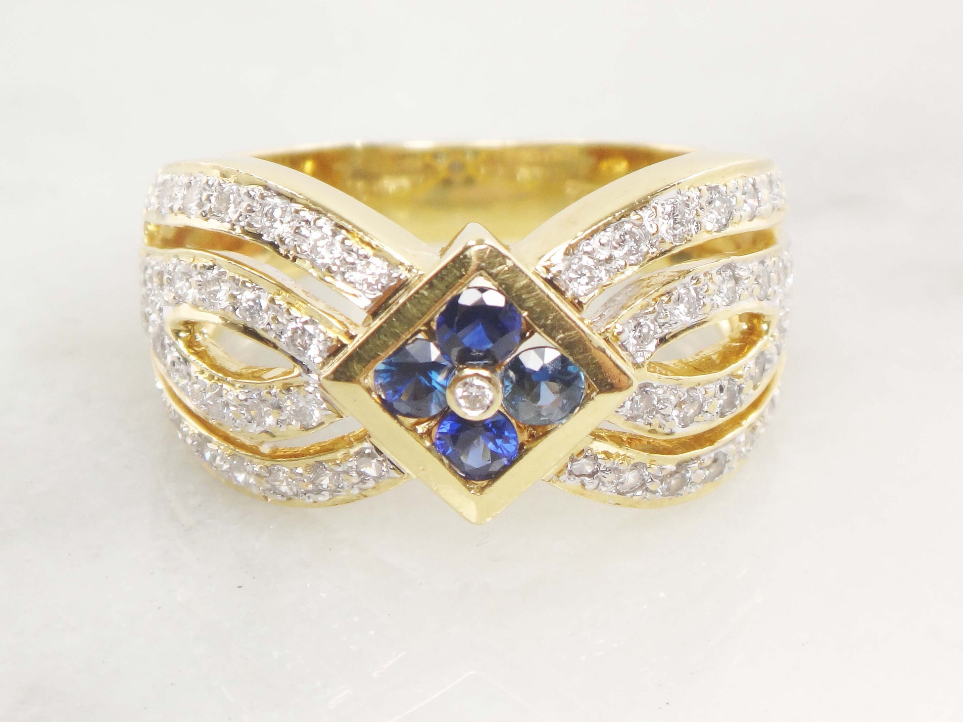 Vintage 18k Yellow Gold Natural Blue Sapphire and Diamond Ring, Wide Fancy Cigar Band Ring, Size 7.25