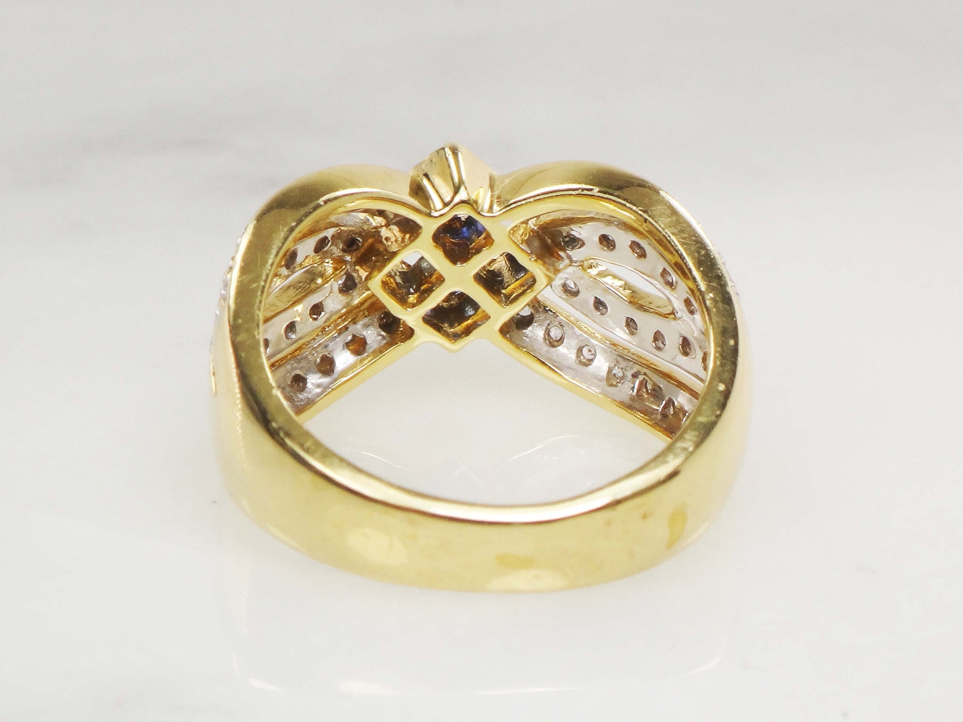 Vintage 18k Yellow Gold Natural Blue Sapphire and Diamond Ring, Wide Fancy Cigar Band Ring, Size 7.25