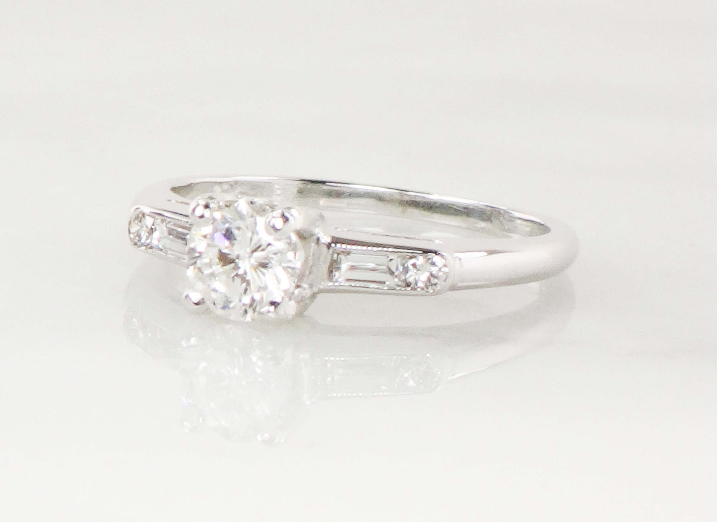 Vintage 14k White Gold Natural Diamond Engagement Ring GIA Certified .52 Carat Round Brilliant Diamond Engagement Ring Size 6.5