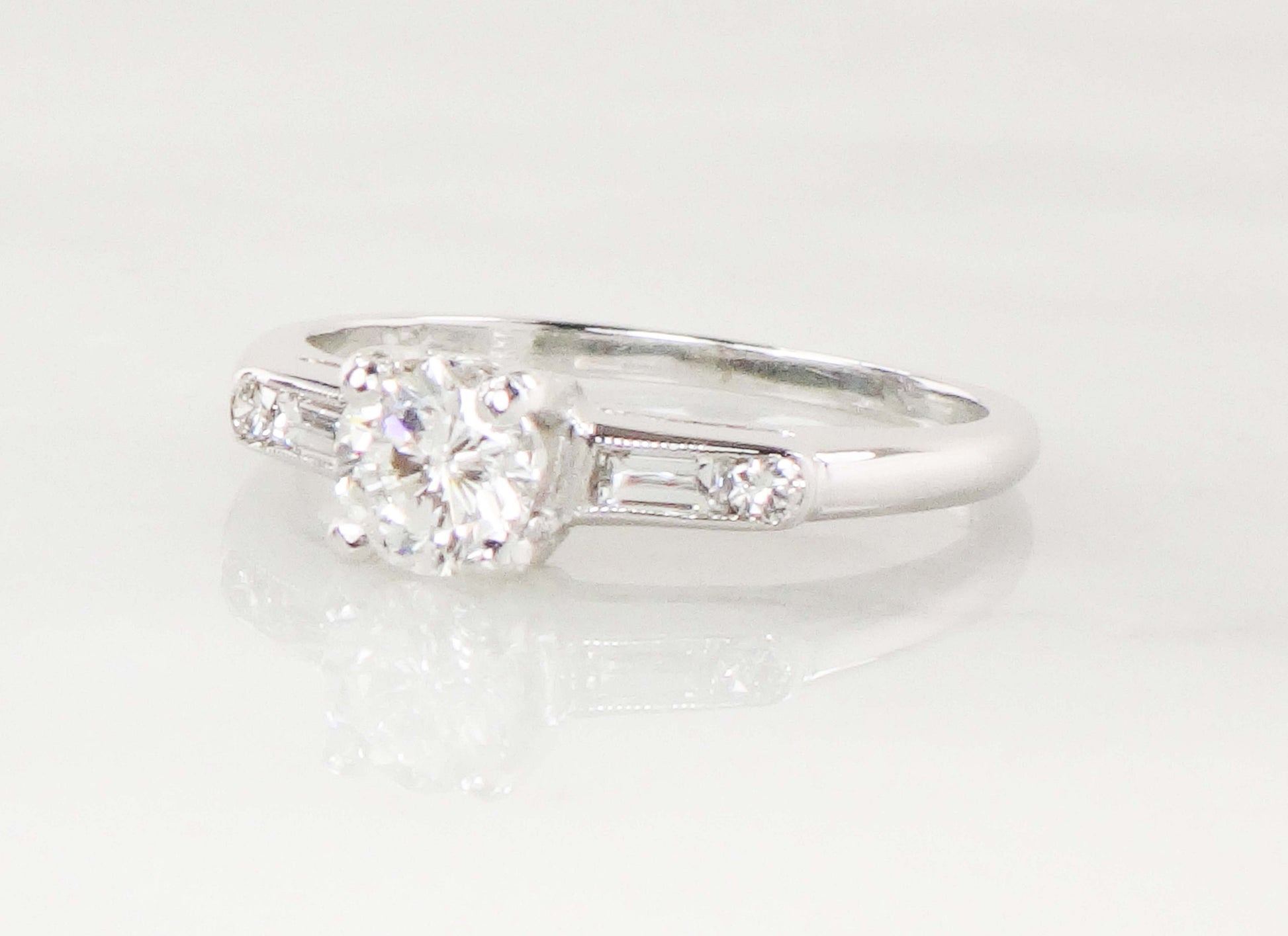 Vintage 14k White Gold Natural Diamond Engagement Ring GIA Certified .52 Carat Round Brilliant Diamond Engagement Ring Size 6.5